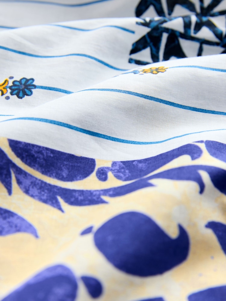 Ecru/Blue Tile Print 100% Cotton Strappy Tiered Midi Dress - Image 7 of 7