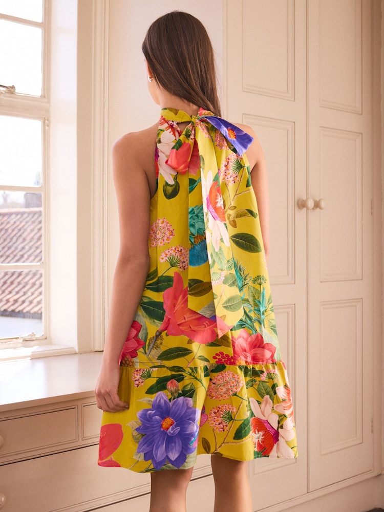 Kew Collection Ochre Yellow Floral 100% Cotton Halter Tie Neck Sleeveless Tiered Mini Dress - Image 3 of 10