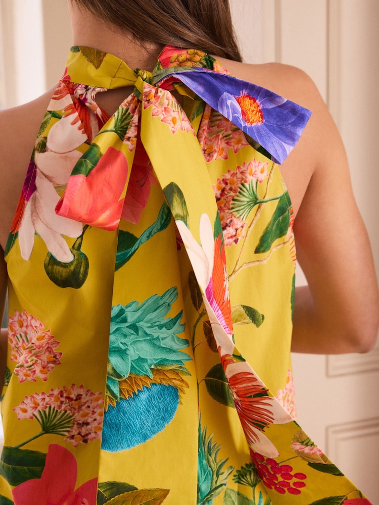 Kew Collection Ochre Yellow Floral 100% Cotton Halter Tie Neck Sleeveless Tiered Mini Dress - Image 5 of 10