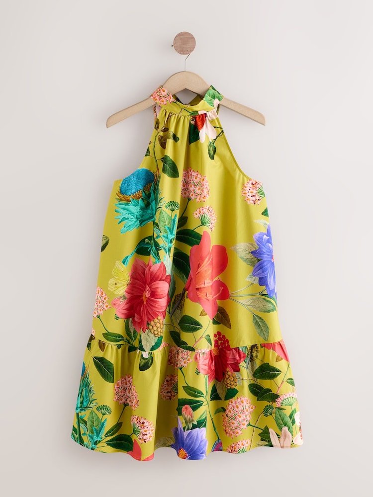 Kew Collection Ochre Yellow Floral 100% Cotton Halter Tie Neck Sleeveless Tiered Mini Dress - Image 6 of 10