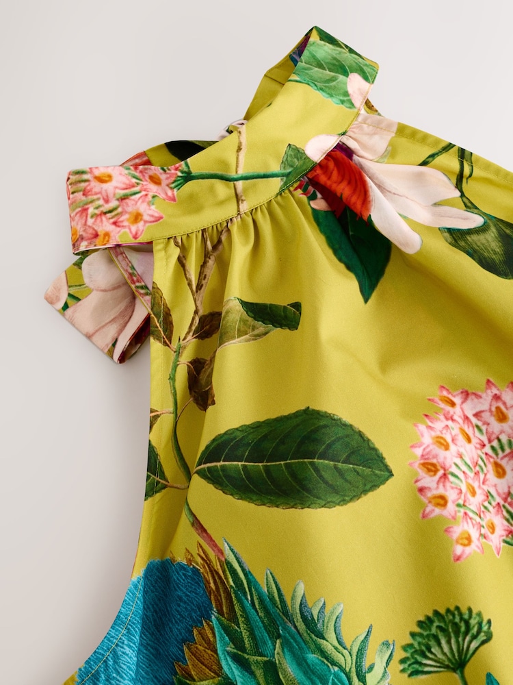 Kew Collection Ochre Yellow Floral 100% Cotton Halter Tie Neck Sleeveless Tiered Mini Dress - Image 7 of 10