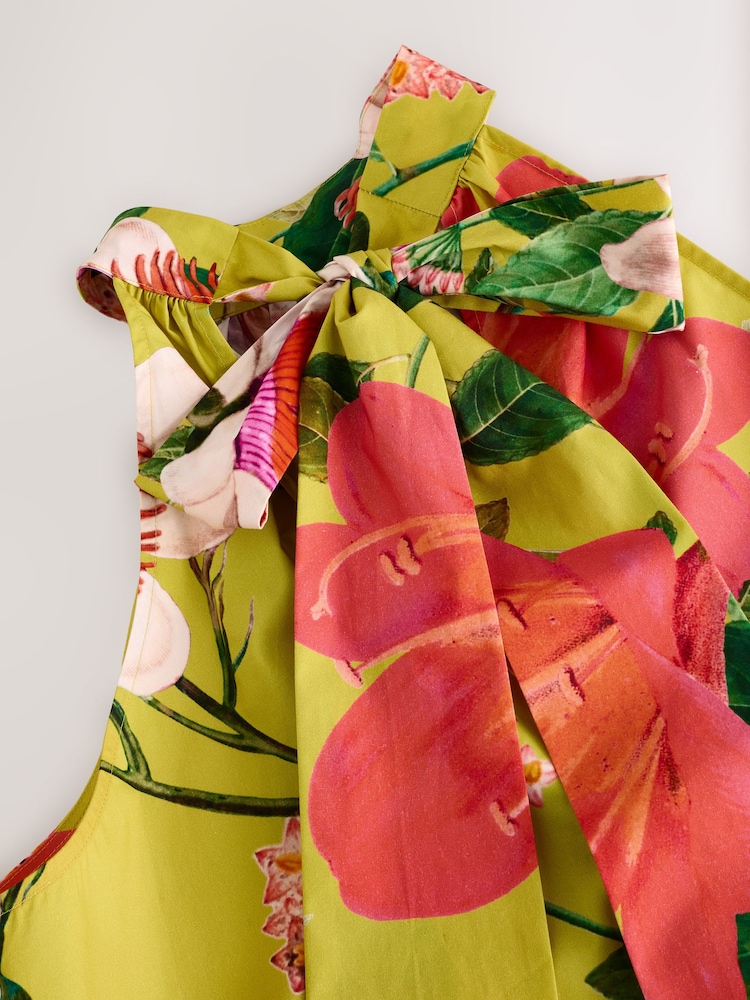 Kew Collection Ochre Yellow Floral 100% Cotton Halter Tie Neck Sleeveless Tiered Mini Dress - Image 8 of 10