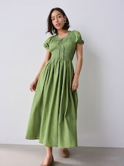 Olive Green Puff Sleeve Seersucker Midi Summer Dress - Image 1 of 7