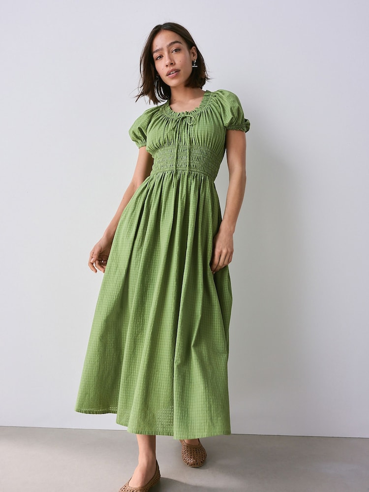 Olive Green Puff Sleeve Seersucker Midi Summer Dress - Image 1 of 7