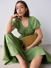 Olive Green Puff Sleeve Seersucker Midi Summer Dress - Image 2 of 7