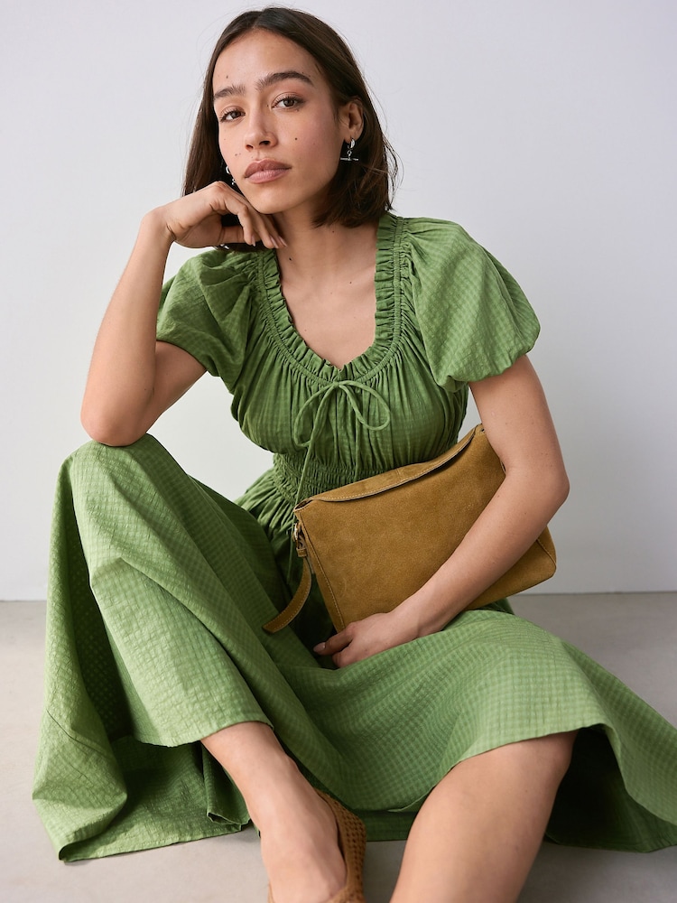Olive Green Puff Sleeve Seersucker Midi Summer Dress - Image 2 of 7