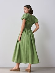 Olive Green Puff Sleeve Seersucker Midi Summer Dress - Image 3 of 7