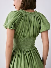 Olive Green Puff Sleeve Seersucker Midi Summer Dress - Image 4 of 7