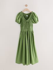 Olive Green Puff Sleeve Seersucker Midi Summer Dress - Image 5 of 7