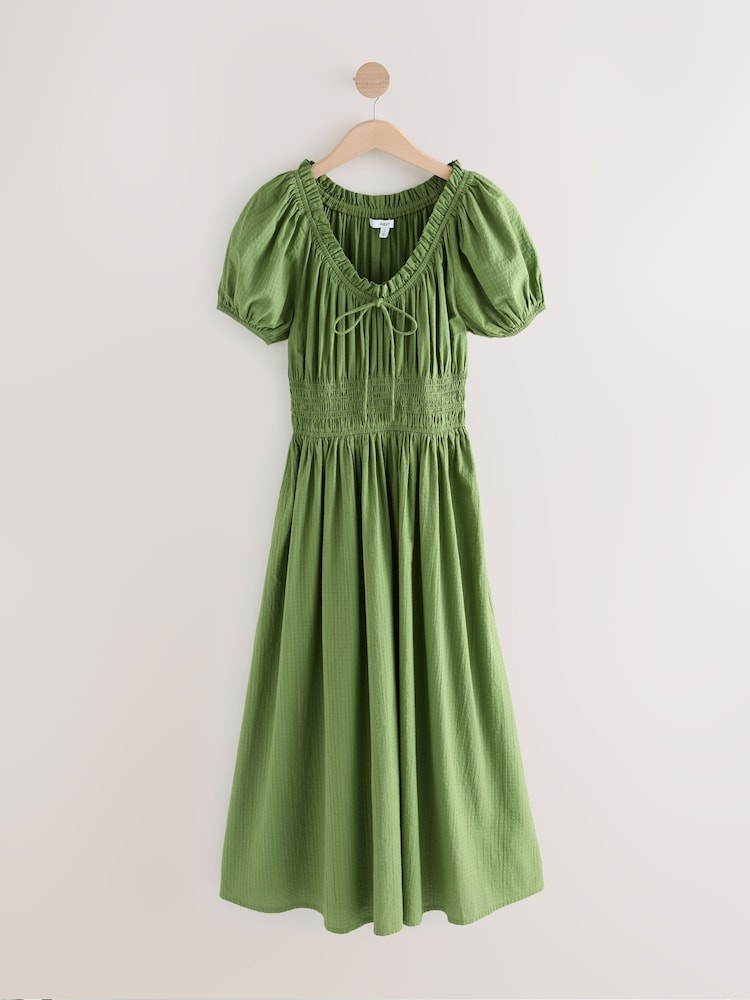 Vert olive - Robe d’été mi-longue en seersucker à manches bouffantes - Image 5 of 7