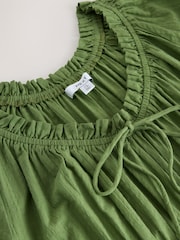 Olive Green Puff Sleeve Seersucker Midi Summer Dress - Image 6 of 7