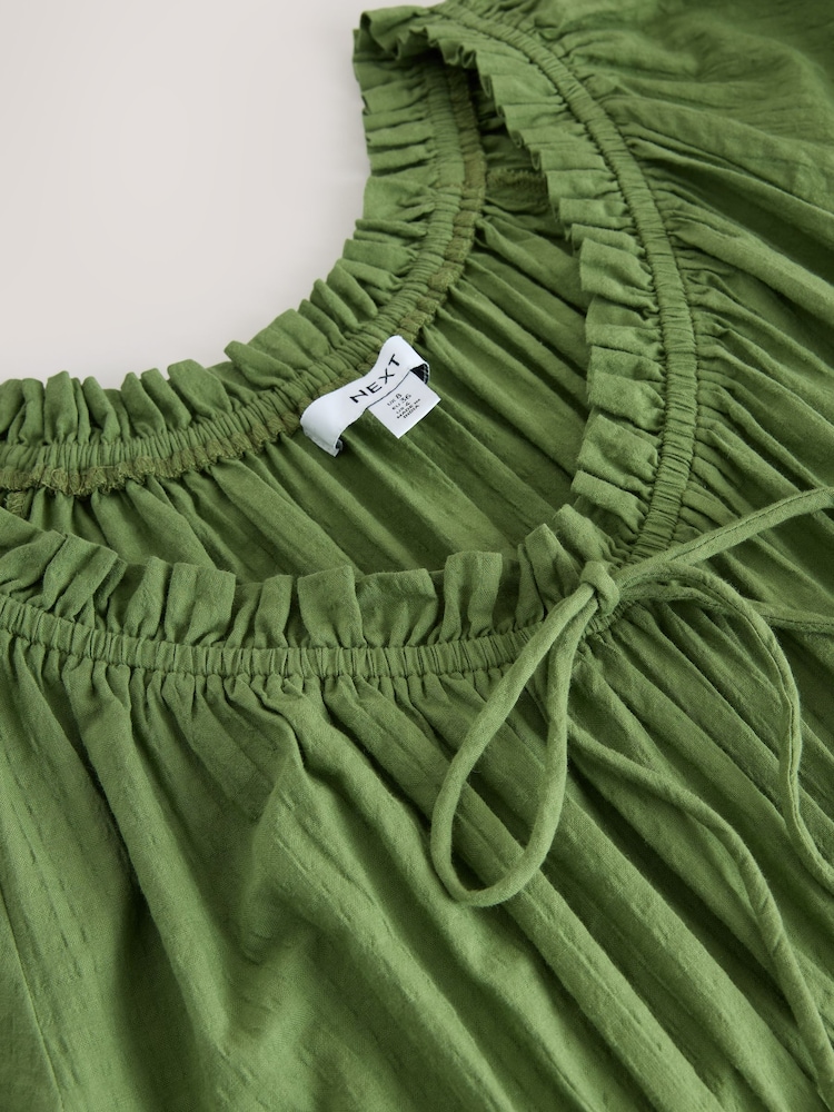 Vert olive - Robe d’été mi-longue en seersucker à manches bouffantes - Image 6 of 7
