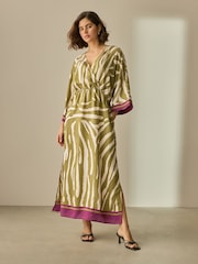 Green/Cream Zebra Print V-Neck Kaftan Maxi Dress - Image 1 of 6