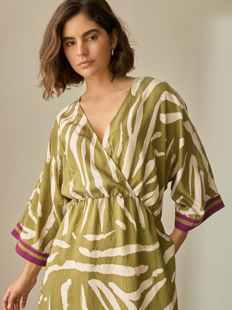 Green/Cream Zebra Print V-Neck Kaftan Maxi Dress - Image 2 of 6
