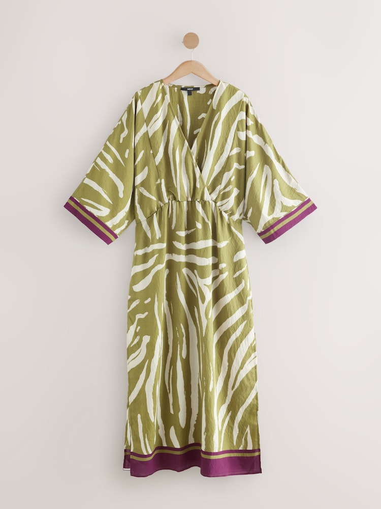 Green/Cream Zebra Print V-Neck Kaftan Maxi Dress - Image 4 of 6