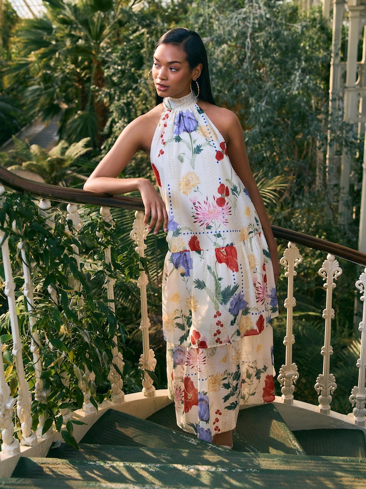 Kew Collection Floral Print Halter Tie Neck Layered Maxi Dress - Image 2 of 7