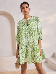 Green & White Spot - Tie Front Tiered Mini Dress - Imagen 1 de 8