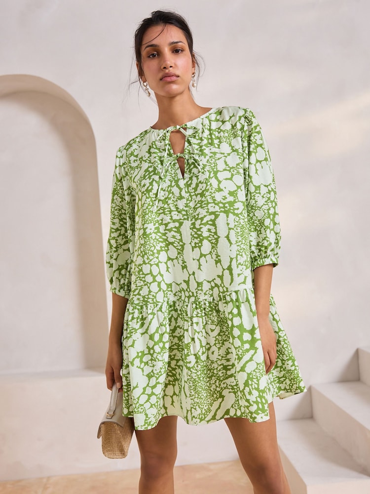 Green & White Spot - Tie Front Tiered Mini Dress - Imagen 1 de 8