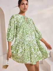 Green & White Spot - Tie Front Tiered Mini Dress - Imagen 4 de 8