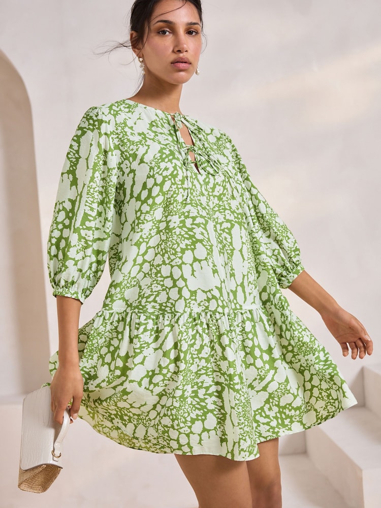 Vert et blanc à pois - Mini robe étagée nouée sur le devant - Image 4 of 8