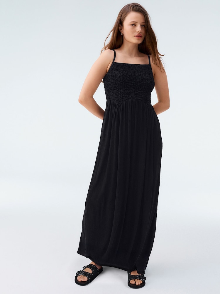 Black Strappy Shirred Jersey Maxi Dress - Image 1 of 1