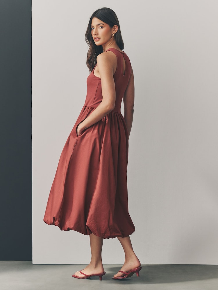 Rust Orange Sleeveless Racer Puffball 100% Cotton Midi Dress - Image 3 of 7