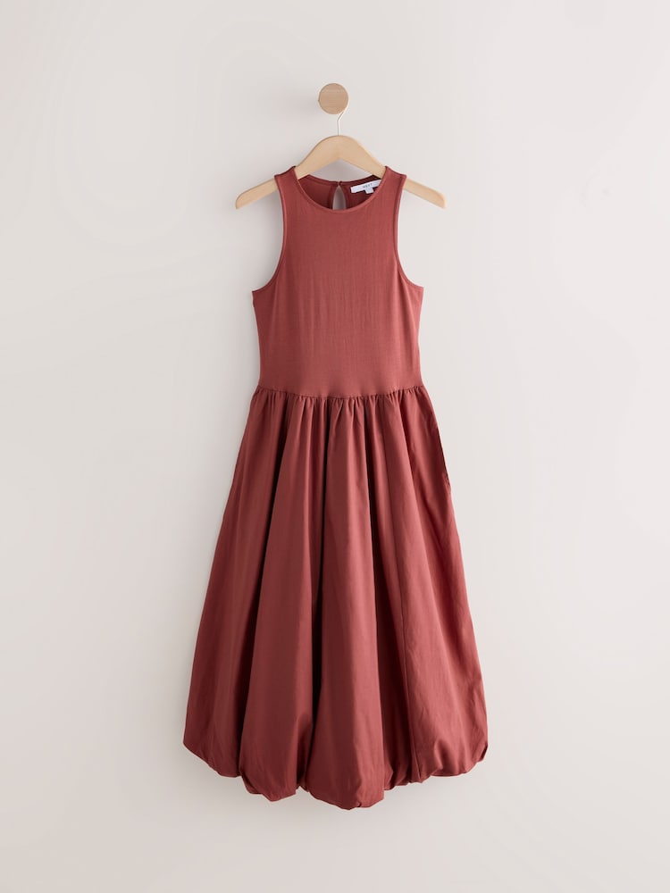 Rust Orange Sleeveless Racer Puffball 100% Cotton Midi Dress - Image 5 of 7