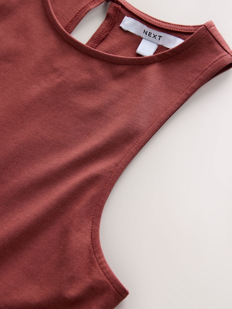 Rust Orange Sleeveless Racer Puffball 100% Cotton Midi Dress - Image 6 of 7