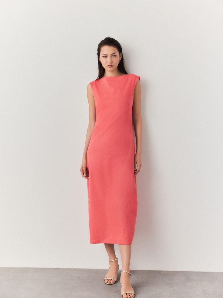 Coral Pink Boat Neck Maxi Linen Blend Dress - Image 1 of 1 Coral Pink Boat Neck Maxi Linen Blend Dress - Image 1 of 1