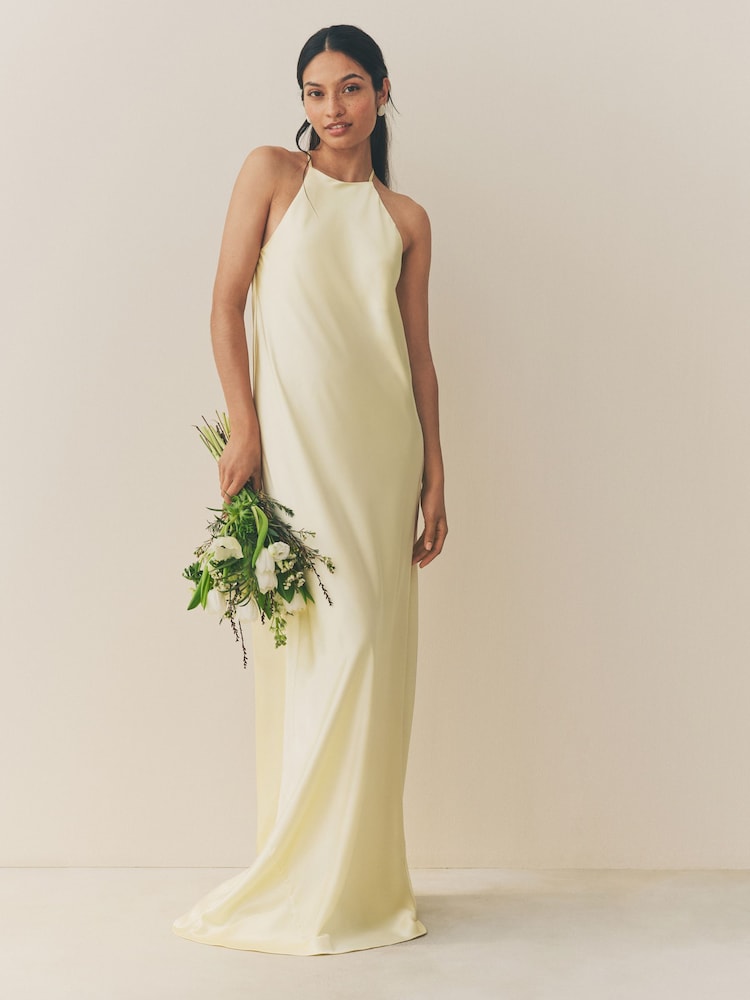 Pastel Yellow High Neck Satin Maxi Dress - Image 1 of 5