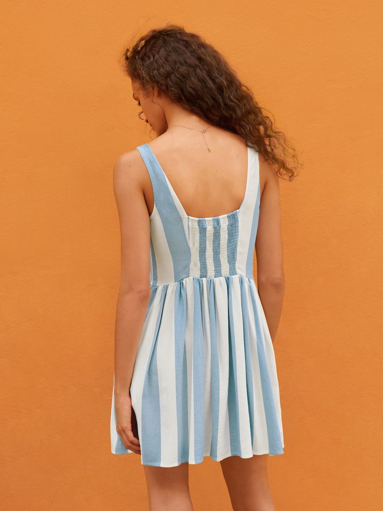 Blue/White Stripe Sleeveless Scoop Neck Waisted Mini Dress with Linen - Image 3 of 9