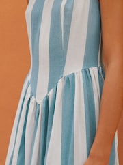 Blue/White Stripe Sleeveless Scoop Neck Waisted Mini Dress with Linen - Image 4 of 9