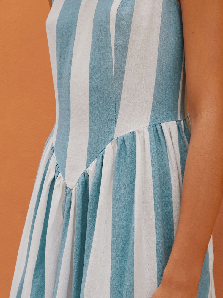 Blue/White Stripe Sleeveless Scoop Neck Waisted Mini Dress with Linen - Image 4 of 9