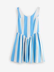 Blue/White Stripe Sleeveless Scoop Neck Waisted Mini Dress with Linen - Image 5 of 9