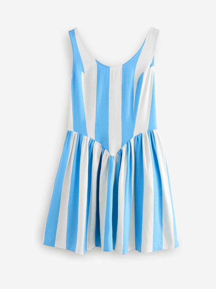 Blue/White Stripe Sleeveless Scoop Neck Waisted Mini Dress with Linen - Image 5 of 9