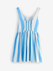 Blue/White Stripe Sleeveless Scoop Neck Waisted Mini Dress with Linen - Image 6 of 9