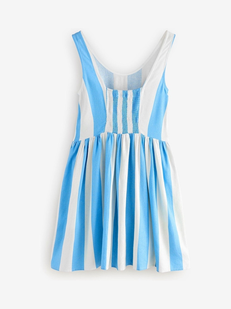 Blue/White Stripe Sleeveless Scoop Neck Waisted Mini Dress with Linen - Image 6 of 9