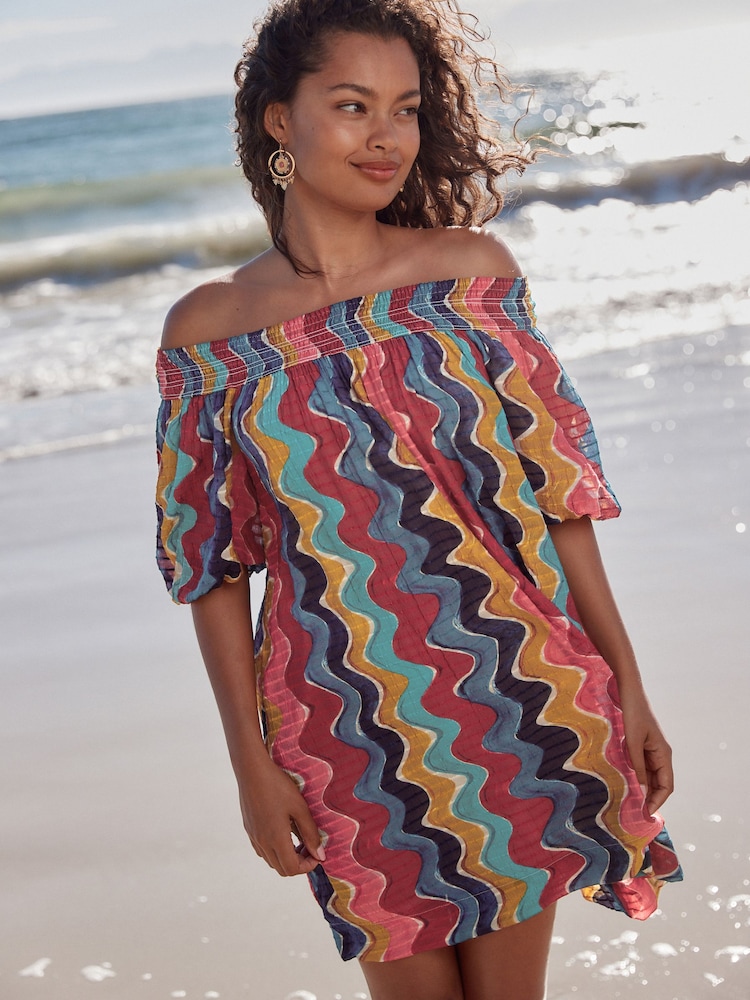 Multicoloured Stripe Bandeau Crinkle Textured Mini Dress - Image 1 of 7