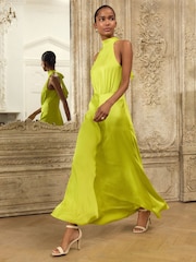 Lime Green Textured Satin Halter Sleeveless Midi Dress - Image 1 of 8