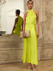 Lime Green Textured Satin Halter Sleeveless Midi Dress - Image 2 of 8