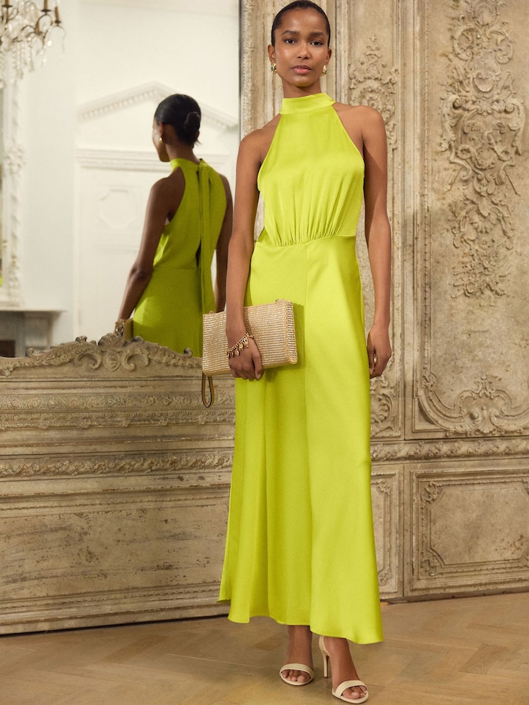 Lime Green Textured Satin Halter Sleeveless Midi Dress - Image 2 of 8