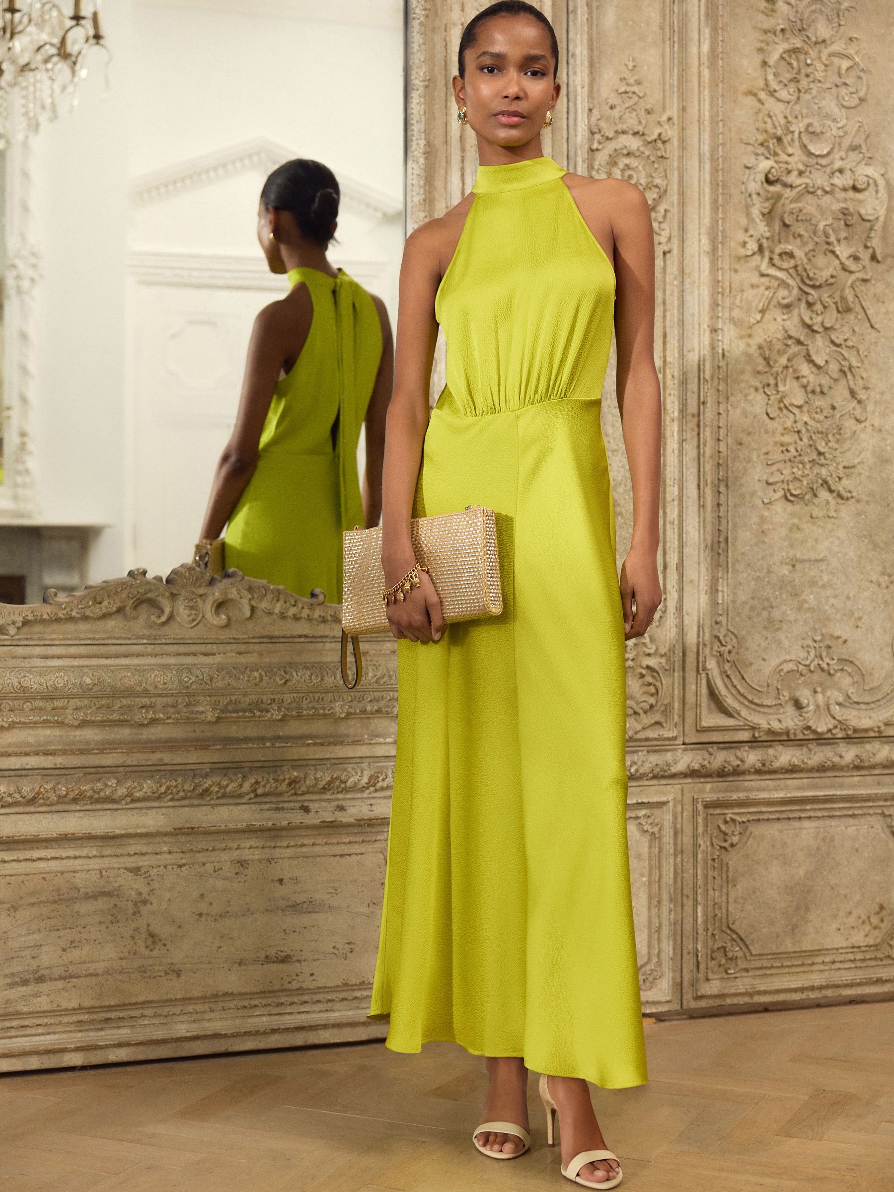 Buy Lime Green Textured Satin Halter Sleeveless Midi Dress from