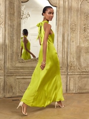 Lime Green Textured Satin Halter Sleeveless Midi Dress - Image 4 of 8