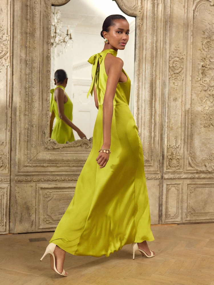 Buy Lime Green Textured Satin Halter Sleeveless Midi Dress from