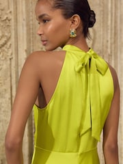 Lime Green Textured Satin Halter Sleeveless Midi Dress - Image 5 of 8