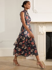 Navy Blue Floral Printed High Neck Tiered Occasion Maxi Dress - Image 1 of 9