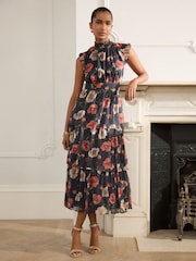 Navy Blue Floral Printed High Neck Tiered Occasion Maxi Dress - Image 2 of 9