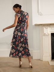 Navy Blue Floral Printed High Neck Tiered Occasion Maxi Dress - Image 3 of 9