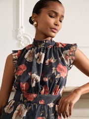 Navy Blue Floral Printed High Neck Tiered Occasion Maxi Dress - Image 4 of 9