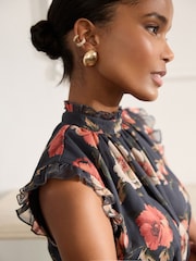 Navy Blue Floral Printed High Neck Tiered Occasion Maxi Dress - Image 5 of 9